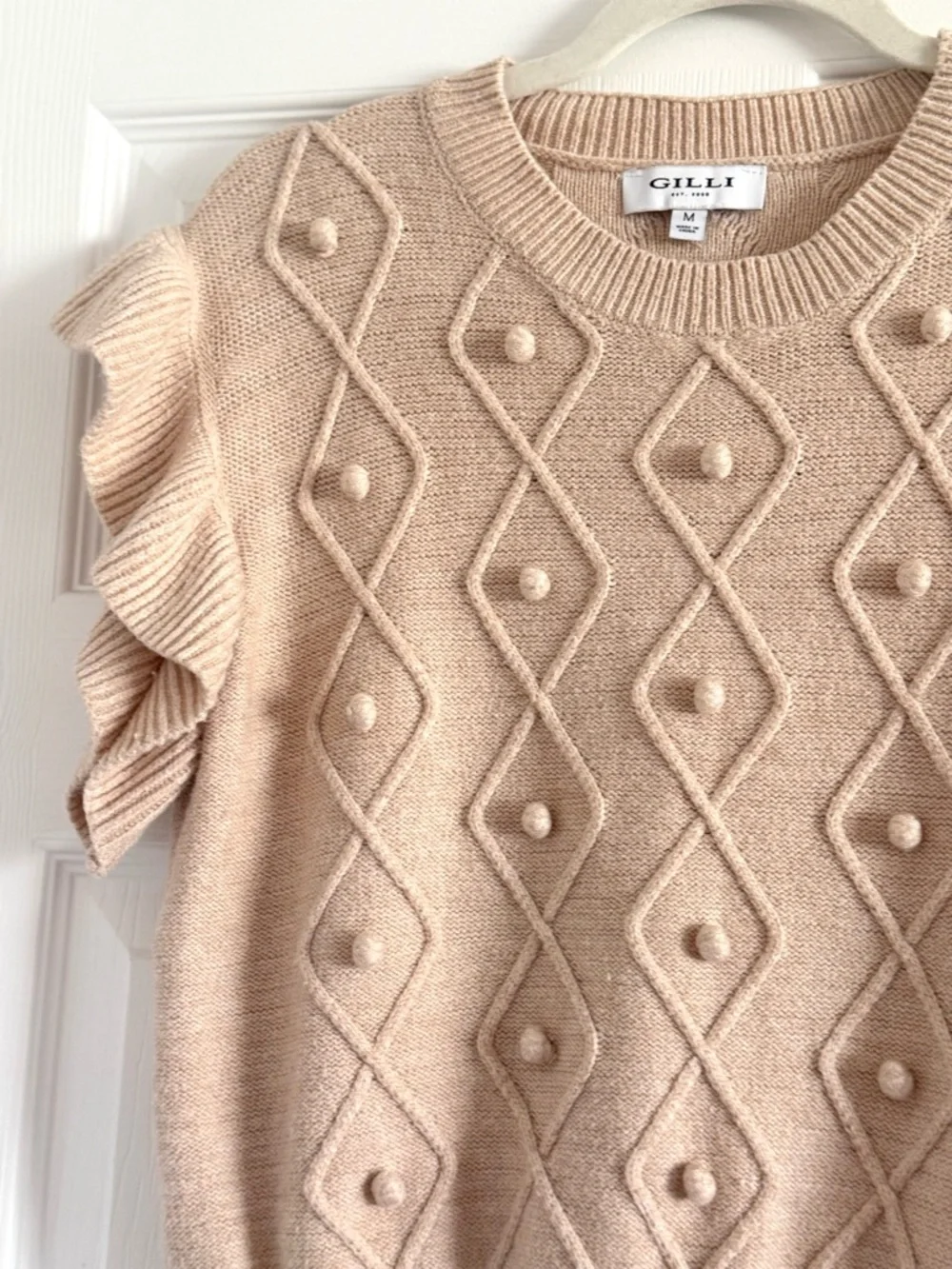Gilli Cream Ruffle Sleeve Pom Pom Sweater Top Medium